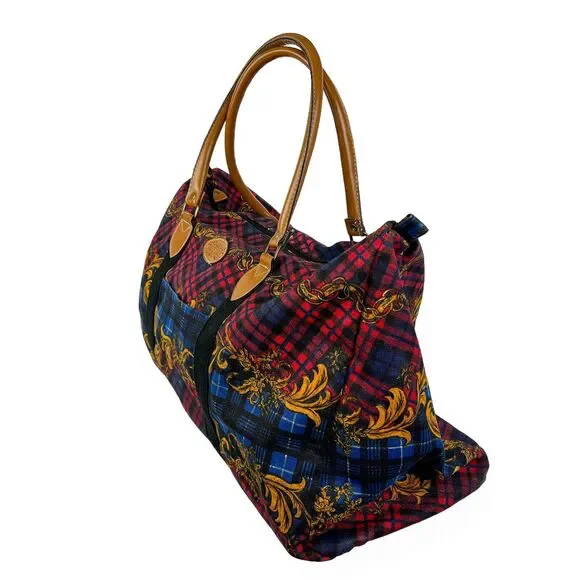 Gitano Y2K Duffel Travel Bag 90s Plaid Tapestry Canvas Tote Cottage Retro Chic - Picture 3 of 13